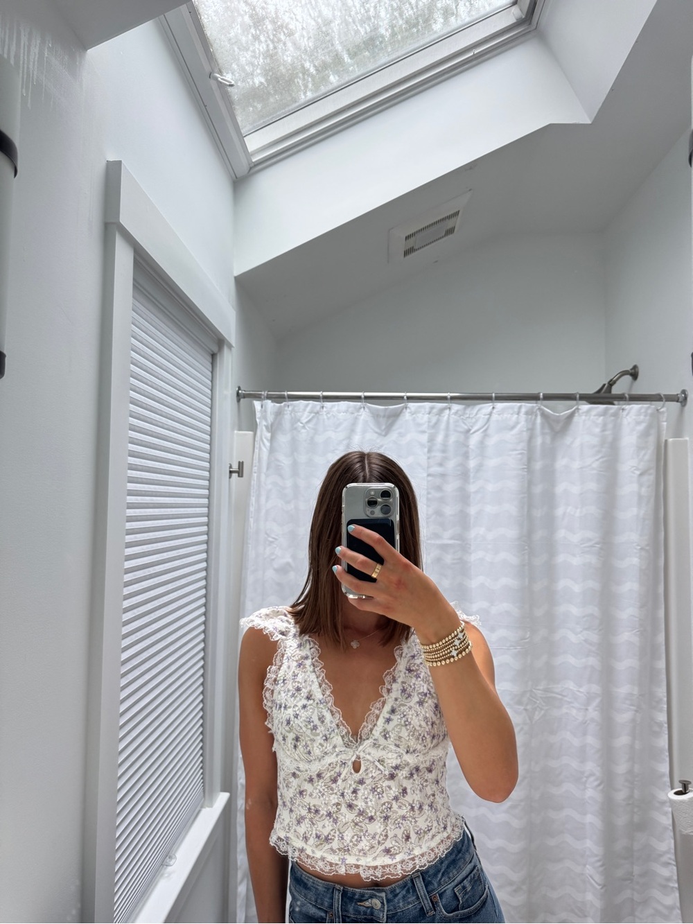 For Love & Lemons White and Lavender Lace Floral Top